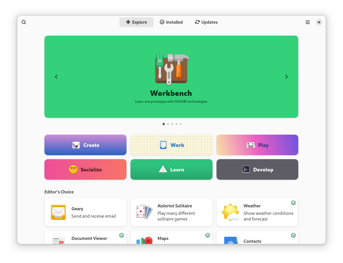 GNOME Software Explore view with brand colors on app banners